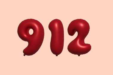 3D gerçekçi metalik hava balonundan yapılmış 912 numara balon. Satılık parti dekorasyonu için 3 boyutlu kırmızı helyum balonları, kutlama yıldönümü, düğün tatili. Vektör illüstrasyonu