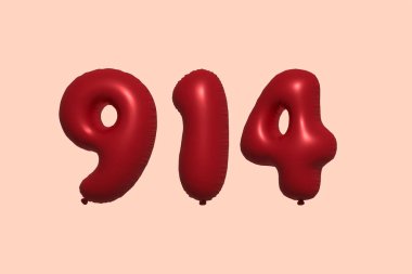 3D gerçekçi metalik hava balonundan yapılmış 914 numara balon. Satılık parti dekorasyonu için 3 boyutlu kırmızı helyum balonları, kutlama yıldönümü, düğün tatili. Vektör illüstrasyonu