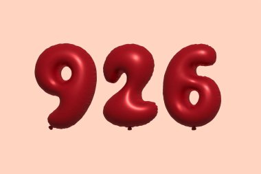 3D gerçekçi metalik hava balonundan yapılmış 926 numara balon. Satılık parti dekorasyonu için 3 boyutlu kırmızı helyum balonları, kutlama yıldönümü, düğün tatili. Vektör illüstrasyonu