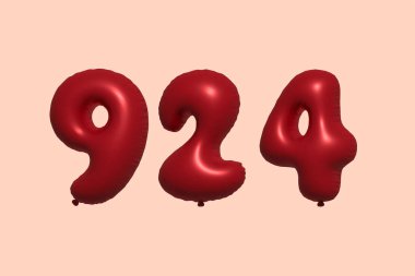3D gerçekçi metalik hava balonundan yapılmış 924 numara balon. Satılık parti dekorasyonu için 3 boyutlu kırmızı helyum balonları, kutlama yıldönümü, düğün tatili. Vektör illüstrasyonu