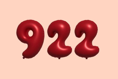 3D gerçekçi metalik hava balonundan yapılmış 922 numara balon. Satılık parti dekorasyonu için 3 boyutlu kırmızı helyum balonları, kutlama yıldönümü, düğün tatili. Vektör illüstrasyonu