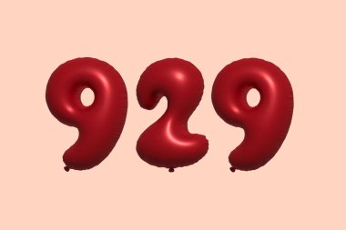 3D gerçekçi metalik hava balonundan yapılmış 929 numara balon. Satılık parti dekorasyonu için 3 boyutlu kırmızı helyum balonları, kutlama yıldönümü, düğün tatili. Vektör illüstrasyonu