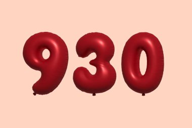 3D gerçekçi metalik hava balonundan yapılmış 930 numara balon. Satılık parti dekorasyonu için 3 boyutlu kırmızı helyum balonları, kutlama yıldönümü, düğün tatili. Vektör illüstrasyonu