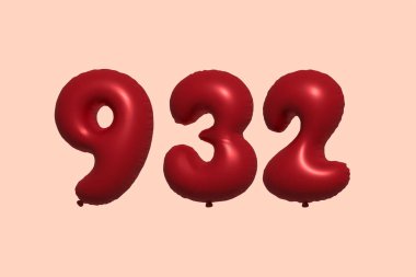 3D gerçekçi metalik hava balonundan yapılmış 932 numara balon. Satılık parti dekorasyonu için 3 boyutlu kırmızı helyum balonları, kutlama yıldönümü, düğün tatili. Vektör illüstrasyonu