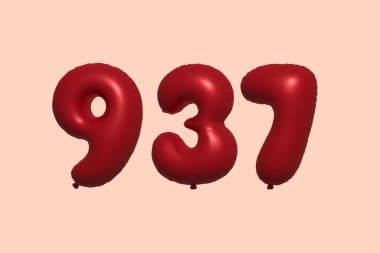 3D gerçekçi metalik hava balonundan yapılmış 937 numara balon. Satılık parti dekorasyonu için 3 boyutlu kırmızı helyum balonları, kutlama yıldönümü, düğün tatili. Vektör illüstrasyonu