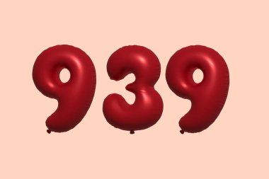 3D gerçekçi metalik hava balonundan yapılmış 939 numara balon. Satılık parti dekorasyonu için 3 boyutlu kırmızı helyum balonları, kutlama yıldönümü, düğün tatili. Vektör illüstrasyonu