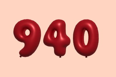3D gerçekçi metalik hava balonundan yapılmış 940 numara balon. Satılık parti dekorasyonu için 3 boyutlu kırmızı helyum balonları, kutlama yıldönümü, düğün tatili. Vektör illüstrasyonu