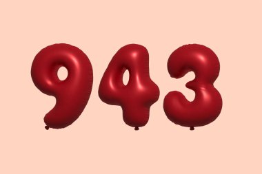 3D gerçekçi metalik hava balonundan yapılmış 943 numara balon. Satılık parti dekorasyonu için 3 boyutlu kırmızı helyum balonları, kutlama yıldönümü, düğün tatili. Vektör illüstrasyonu