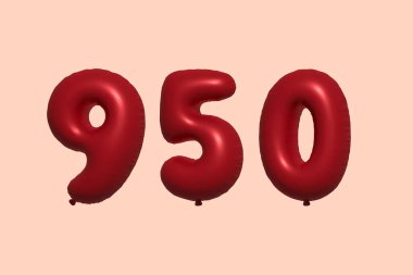 3D gerçekçi metalik hava balonundan yapılmış 950 numara balon. Satılık parti dekorasyonu için 3 boyutlu kırmızı helyum balonları, kutlama yıldönümü, düğün tatili. Vektör illüstrasyonu