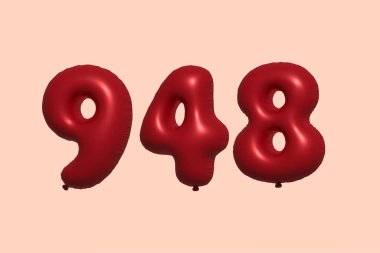 3D gerçekçi metalik hava balonundan yapılmış 948 numara balon. Satılık parti dekorasyonu için 3 boyutlu kırmızı helyum balonları, kutlama yıldönümü, düğün tatili. Vektör illüstrasyonu
