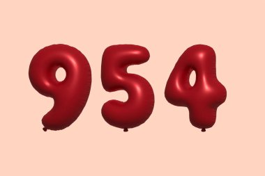 3D gerçekçi metalik hava balonundan yapılmış 954 numara balon. Satılık parti dekorasyonu için 3 boyutlu kırmızı helyum balonları, kutlama yıldönümü, düğün tatili. Vektör illüstrasyonu