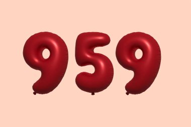 3D gerçekçi metalik hava balonundan yapılmış 959 numara balon. Satılık parti dekorasyonu için 3 boyutlu kırmızı helyum balonları, kutlama yıldönümü, düğün tatili. Vektör illüstrasyonu