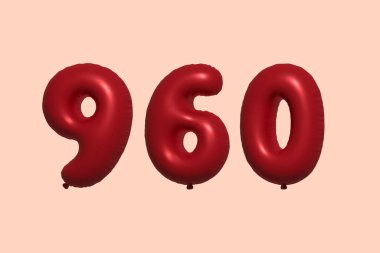 3D gerçekçi metalik hava balonundan yapılmış 960 numara balon. Satılık parti dekorasyonu için 3 boyutlu kırmızı helyum balonları, kutlama yıldönümü, düğün tatili. Vektör illüstrasyonu