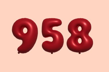 3D gerçekçi metalik hava balonundan yapılmış 958 numara balon. Satılık parti dekorasyonu için 3 boyutlu kırmızı helyum balonları, kutlama yıldönümü, düğün tatili. Vektör illüstrasyonu