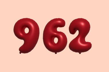 3D gerçekçi metalik hava balonundan yapılmış 962 numara balon. Satılık parti dekorasyonu için 3 boyutlu kırmızı helyum balonları, kutlama yıldönümü, düğün tatili. Vektör illüstrasyonu