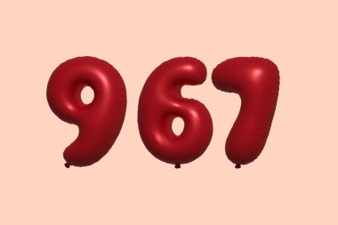 3D gerçekçi metalik hava balonundan yapılmış 967 numara balon. Satılık parti dekorasyonu için 3 boyutlu kırmızı helyum balonları, kutlama yıldönümü, düğün tatili. Vektör illüstrasyonu
