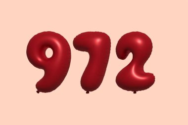 3D gerçekçi metalik hava balonundan yapılmış 972 numara balon. Satılık parti dekorasyonu için 3 boyutlu kırmızı helyum balonları, kutlama yıldönümü, düğün tatili. Vektör illüstrasyonu