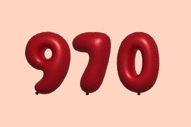 3D gerçekçi metalik hava balonundan yapılmış 970 numara balon. Satılık parti dekorasyonu için 3 boyutlu kırmızı helyum balonları, kutlama yıldönümü, düğün tatili. Vektör illüstrasyonu