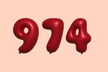 3D gerçekçi metalik hava balonundan yapılmış 974 numara balon. Satılık parti dekorasyonu için 3 boyutlu kırmızı helyum balonları, kutlama yıldönümü, düğün tatili. Vektör illüstrasyonu
