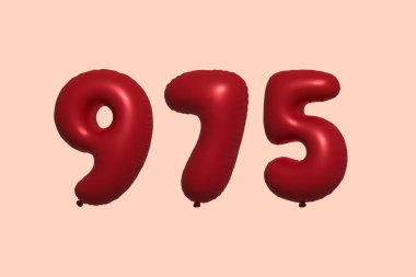 3D gerçekçi metalik hava balonundan yapılmış 975 numara balon. Satılık parti dekorasyonu için 3 boyutlu kırmızı helyum balonları, kutlama yıldönümü, düğün tatili. Vektör illüstrasyonu