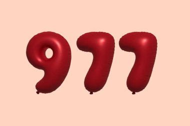 3D gerçekçi metalik hava balonundan yapılmış 977 numara balon. Satılık parti dekorasyonu için 3 boyutlu kırmızı helyum balonları, kutlama yıldönümü, düğün tatili. Vektör illüstrasyonu