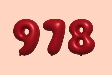 3D gerçekçi metalik hava balonundan yapılmış 978 numara balon. Satılık parti dekorasyonu için 3 boyutlu kırmızı helyum balonları, kutlama yıldönümü, düğün tatili. Vektör illüstrasyonu