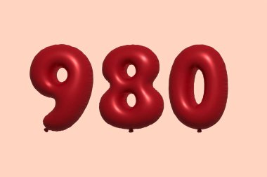 3D gerçekçi metalik hava balonundan yapılmış 980 numara balon. Satılık parti dekorasyonu için 3 boyutlu kırmızı helyum balonları, kutlama yıldönümü, düğün tatili. Vektör illüstrasyonu