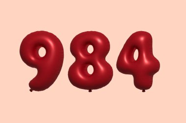 3D gerçekçi metalik hava balonundan yapılmış 984 numara balon. Satılık parti dekorasyonu için 3 boyutlu kırmızı helyum balonları, kutlama yıldönümü, düğün tatili. Vektör illüstrasyonu