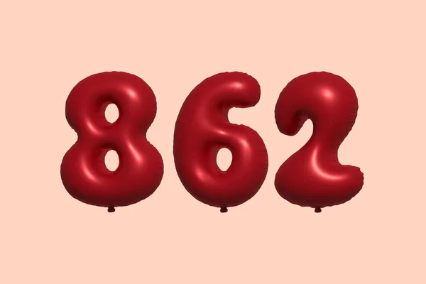 862 Nummerballong Tillverkad Realistisk Metallisk Luftballong Rendering Red Helium Ballonger — Stock vektor