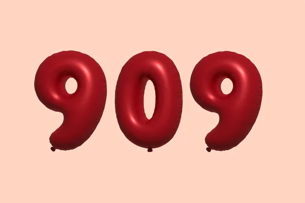 909 Nummerballong Tillverkad Realistisk Metallisk Luftballong Rendering Red Helium Ballonger — Stock vektor