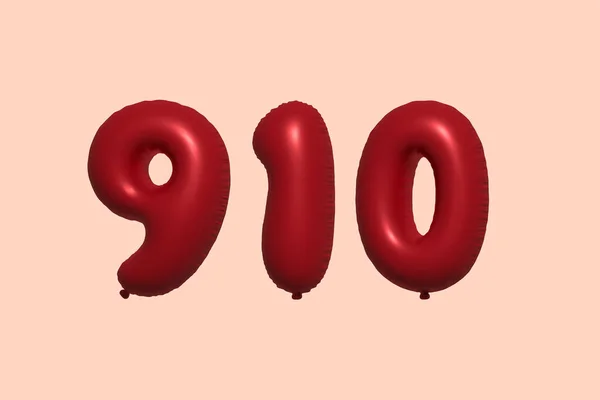 910 Zahlenballon Aus Realistischem Metallluftballon Rendering Red Helium Luftballons Zum — Stockvektor