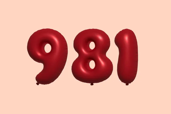 981 Zahlenballon Aus Realistischem Metallluftballon Rendering Red Helium Luftballons Zum — Stockvektor