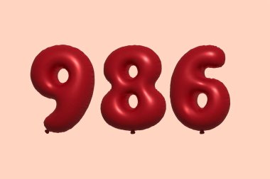 3D gerçekçi metalik hava balonundan yapılmış 986 3D numaralı balon. Satılık parti dekorasyonu için 3 boyutlu kırmızı helyum balonları, kutlama yıldönümü, düğün tatili. Vektör illüstrasyonu
