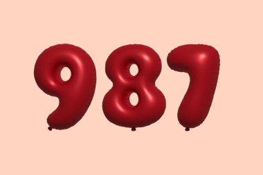 3D gerçekçi metalik hava balonundan yapılmış 987 3D numaralı balon. Satılık parti dekorasyonu için 3 boyutlu kırmızı helyum balonları, kutlama yıldönümü, düğün tatili. Vektör illüstrasyonu