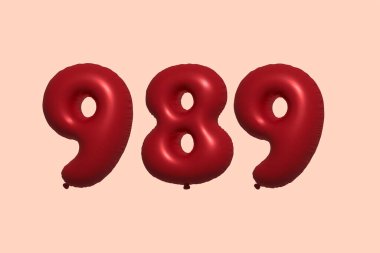 3D gerçekçi metalik hava balonundan yapılmış 989 3D numaralı balon. Satılık parti dekorasyonu için 3 boyutlu kırmızı helyum balonları, kutlama yıldönümü, düğün tatili. Vektör illüstrasyonu