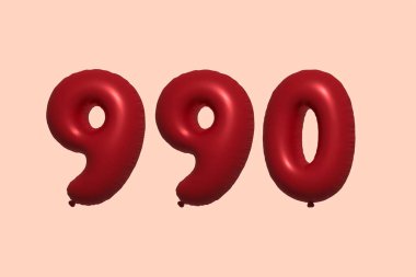 3D gerçekçi metalik hava balonundan yapılmış 990 numara balon. Satılık parti dekorasyonu için 3 boyutlu kırmızı helyum balonları, kutlama yıldönümü, düğün tatili. Vektör illüstrasyonu