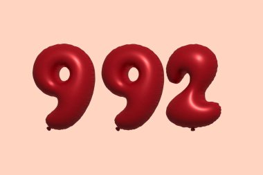 992 3D numaralı balon gerçekçi metalik hava balonu 3D görüntüleme. Satılık parti dekorasyonu için 3 boyutlu kırmızı helyum balonları, kutlama yıldönümü, düğün tatili. Vektör illüstrasyonu