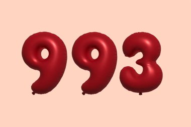 3D gerçekçi metalik hava balonundan yapılmış 993 numara balon. Satılık parti dekorasyonu için 3 boyutlu kırmızı helyum balonları, kutlama yıldönümü, düğün tatili. Vektör illüstrasyonu