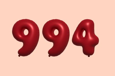 3D 994 numaralı balon gerçekçi metalik hava balonundan yapılmıştır. Satılık parti dekorasyonu için 3 boyutlu kırmızı helyum balonları, kutlama yıldönümü, düğün tatili. Vektör illüstrasyonu