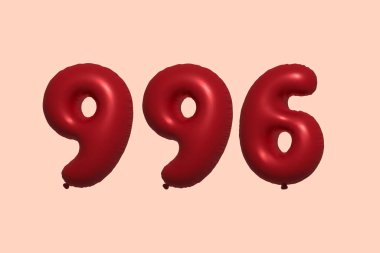 996 3D numaralı balon gerçekçi metalik hava balonu 3D görüntüleme. Satılık parti dekorasyonu için 3 boyutlu kırmızı helyum balonları, kutlama yıldönümü, düğün tatili. Vektör illüstrasyonu