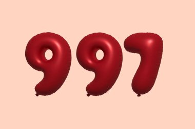 3D 997 numaralı balon gerçekçi metalik hava balonundan yapılmıştır. Satılık parti dekorasyonu için 3 boyutlu kırmızı helyum balonları, kutlama yıldönümü, düğün tatili. Vektör illüstrasyonu