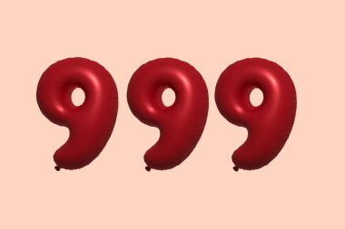 3D gerçekçi metalik hava balonundan yapılmış 999 numara balon. Satılık parti dekorasyonu için 3 boyutlu kırmızı helyum balonları, kutlama yıldönümü, düğün tatili. Vektör illüstrasyonu