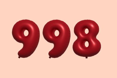 3D gerçekçi metalik hava balonundan yapılmış 998 numara balon. Satılık parti dekorasyonu için 3 boyutlu kırmızı helyum balonları, kutlama yıldönümü, düğün tatili. Vektör illüstrasyonu