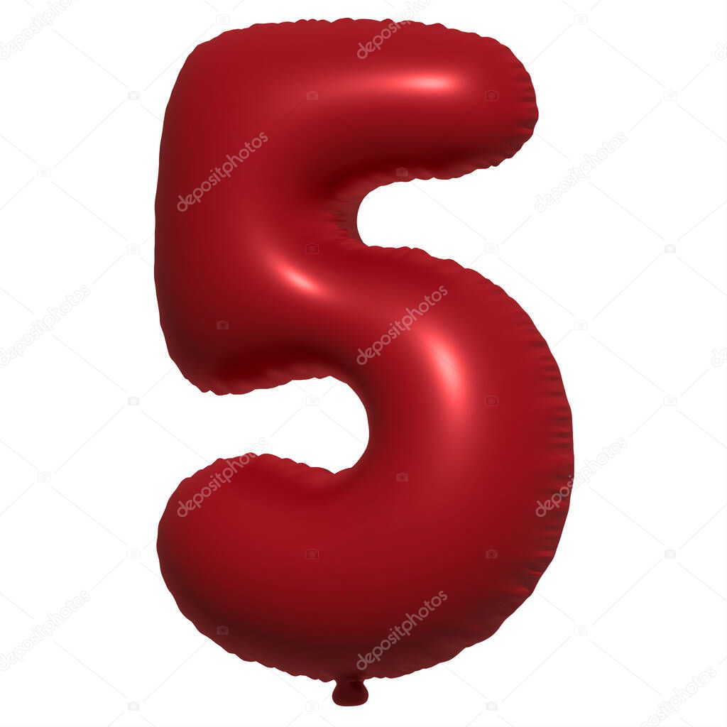 English alphabet 5 Number Balloons Text. Inflatable Helium balloon. 3D Red balloon fonts are realistic symbols for holidays. Festive, birthday, celebration isolated background.