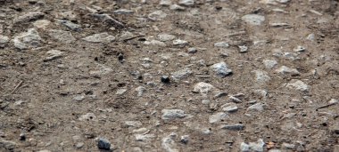 Gri taşların yüzeyi yerde, çamur ve çakıl taşlarıyla yatıyordu. Ezilmişti ve kırılmıştı. Web sayfası arkaplanı veya afişi ve şablonu için kullan.