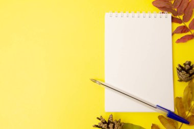 Sarı zemin üzerinde kalem ve sonbahar yaprakları ile boş bir not defteri.