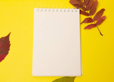 Bir defter ile sonbahar işyeri, parlak sarı arka planda sonbahar yaprakları