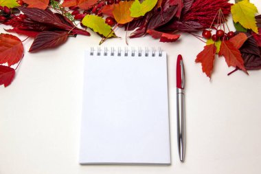 Renkli sonbahar yaprakları ve musluk kapaklı metal kalemle çevrili boş bir defter. Sonbahar konsepti. Metin, üst görünüm ve düzen için yer