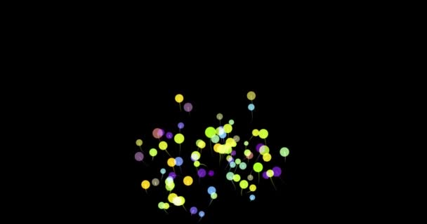 Ballons abstraits et des pissenlits de particules et de cercles sur un fond noir. rendu 3D, vacances. — Video