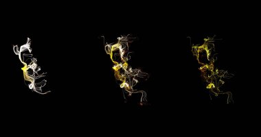 Kaotik hareketteki parçacıkların soyut çizgileri siyah arkaplanda bir patlamayı tetikliyor. Harmanlama kipi